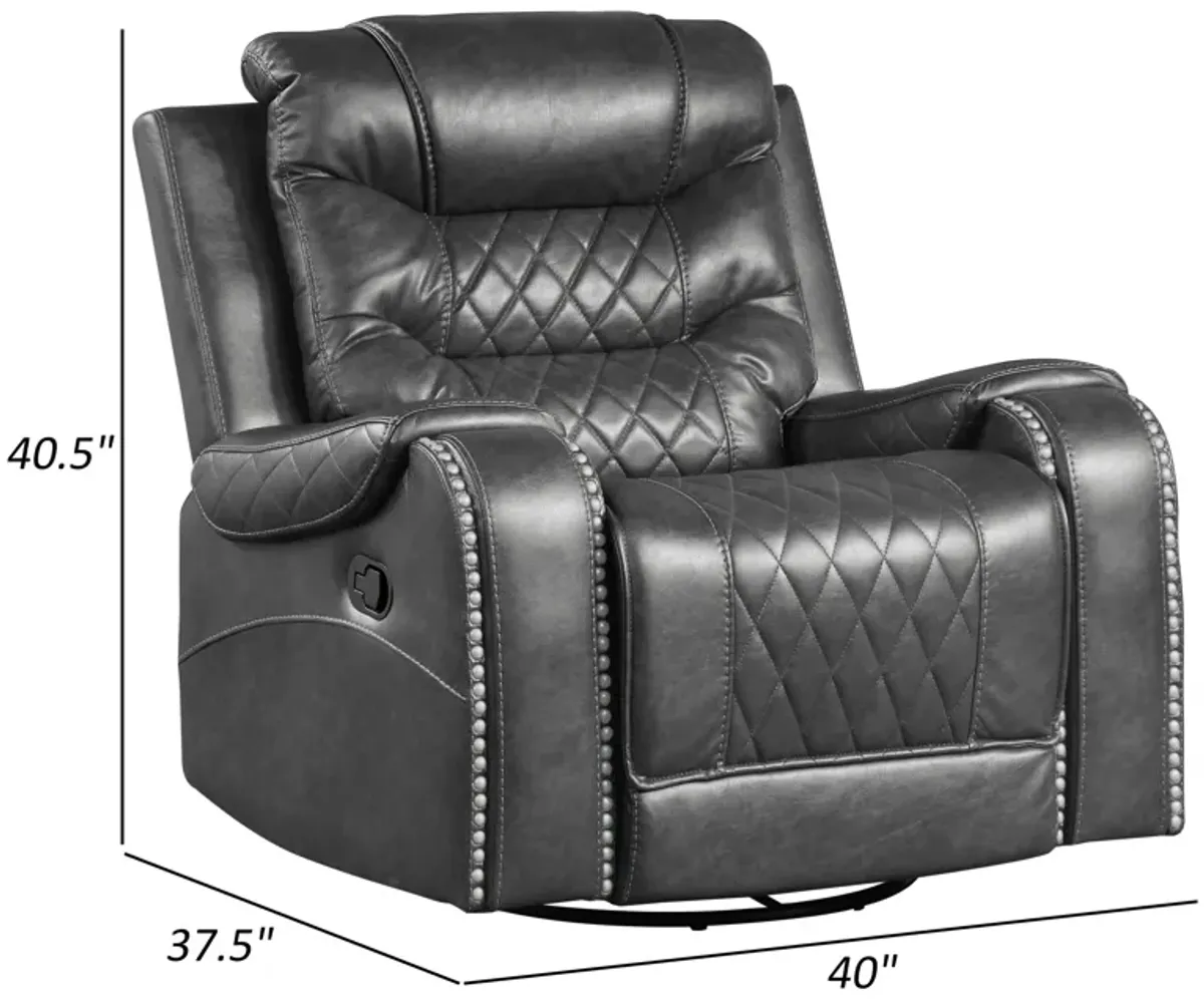 Paul 38 Inch Manual Swivel Glider Recliner Chair, Gray Faux Leather - Benzara