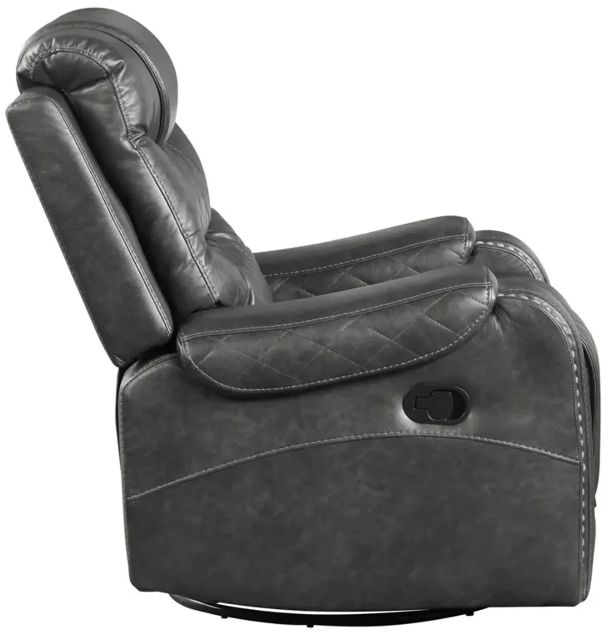 Paul 38 Inch Manual Swivel Glider Recliner Chair, Gray Faux Leather - Benzara