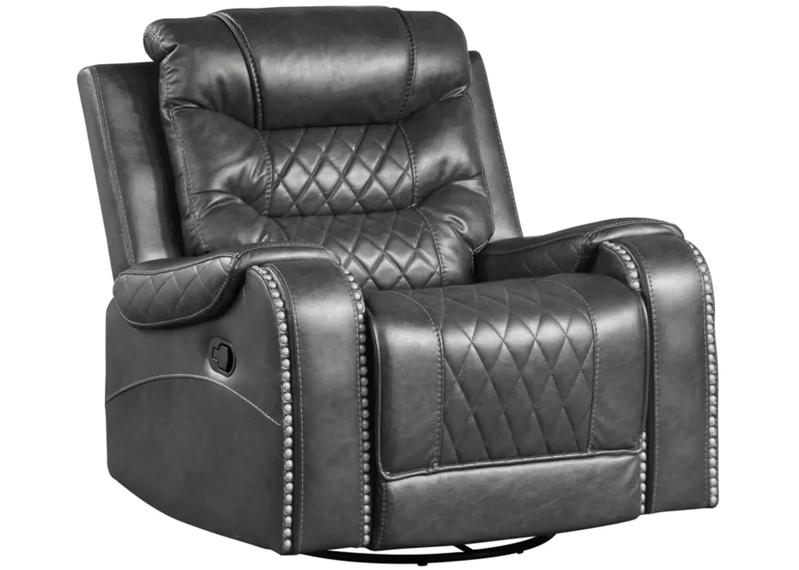 Paul 38 Inch Manual Swivel Glider Recliner Chair, Gray Faux Leather - Benzara