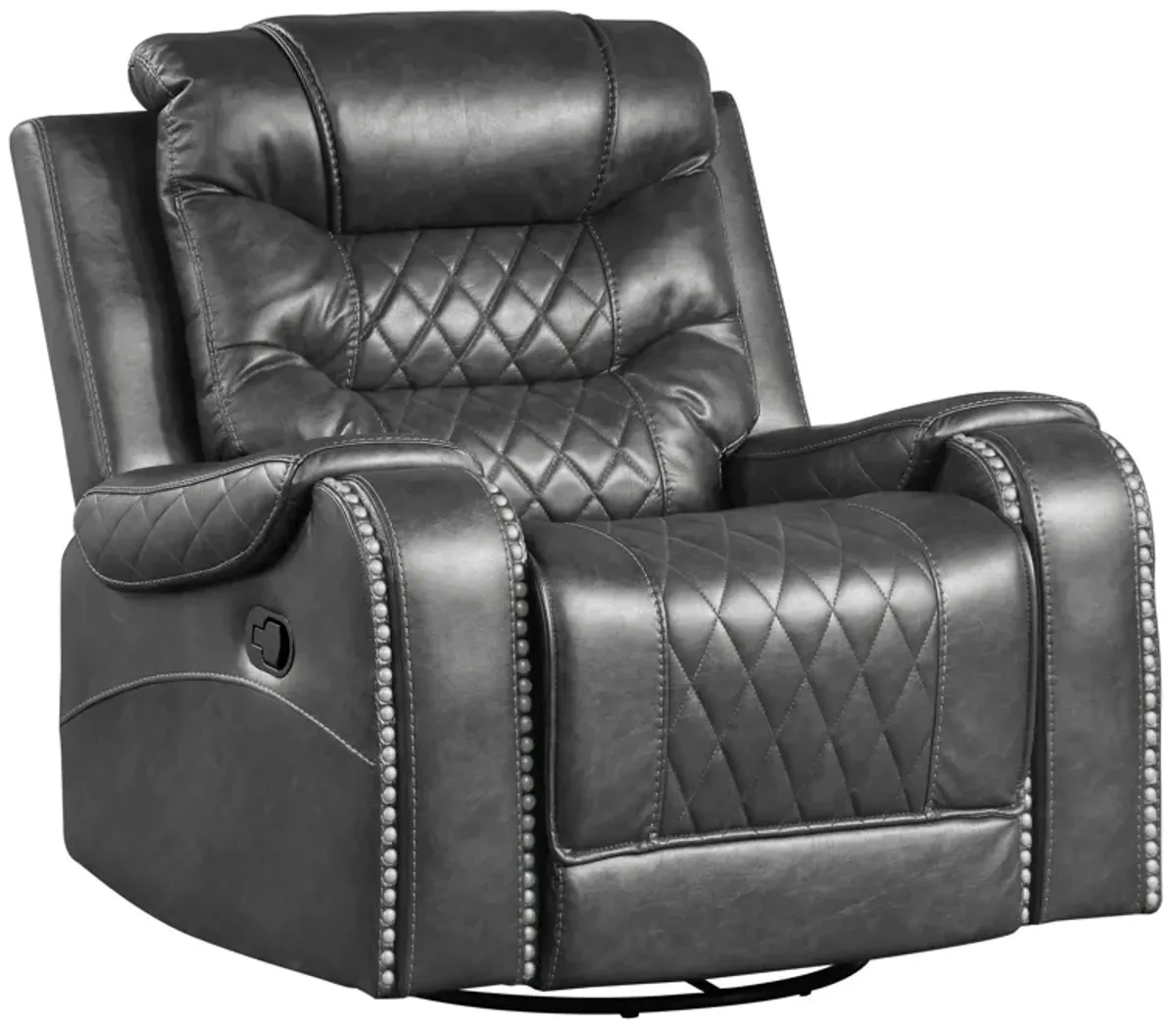 Paul 38 Inch Manual Swivel Glider Recliner Chair, Gray Faux Leather - Benzara