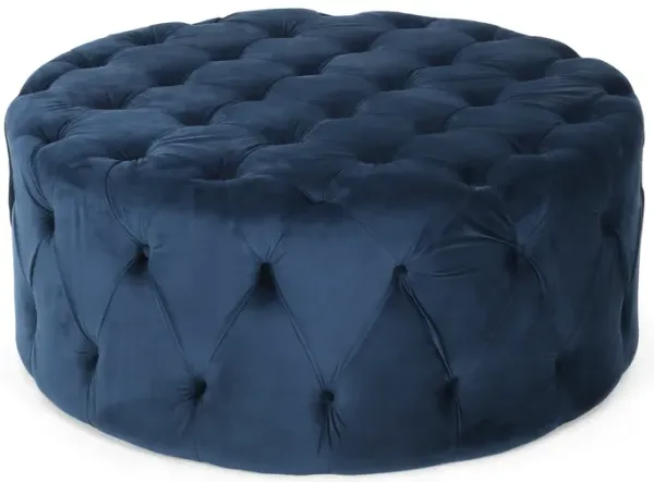 Vivan Ottoman, Tufted Blue Velvet, Soft Cushions, Round 40 Inch Top - Benzara