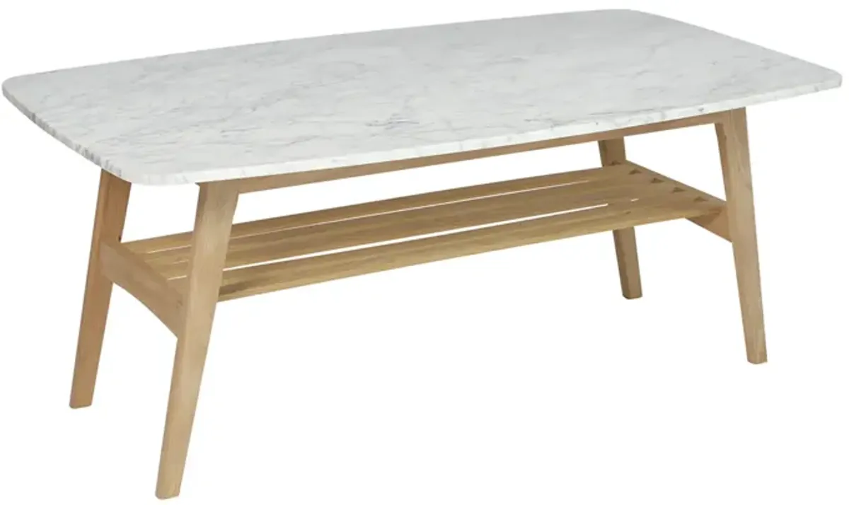 Laura 43" Rectangular Italian Carrara White Marble Coffee Table with Shelf