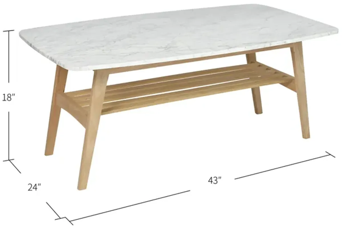 Laura 43" Rectangular Italian Carrara White Marble Coffee Table with Shelf