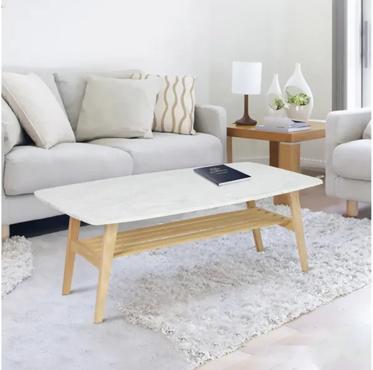 Laura 43" Rectangular Italian Carrara White Marble Coffee Table with Shelf