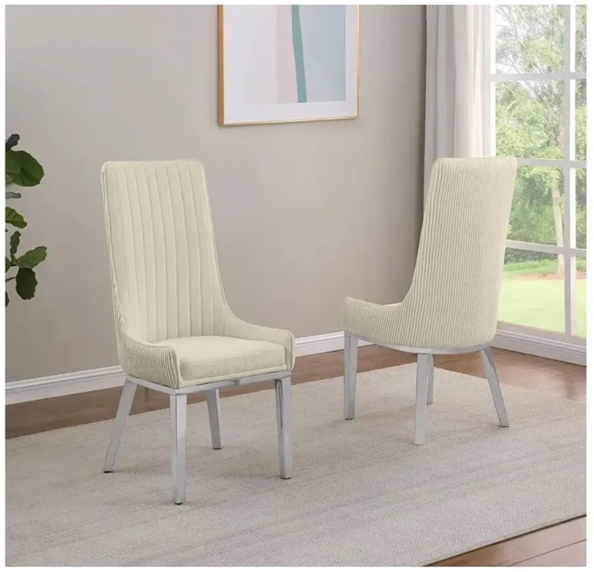 Best Quality Furniture 9Pc Tempered Glass Dining Set 8 Cream Boucle Side Chairs And Silver Base