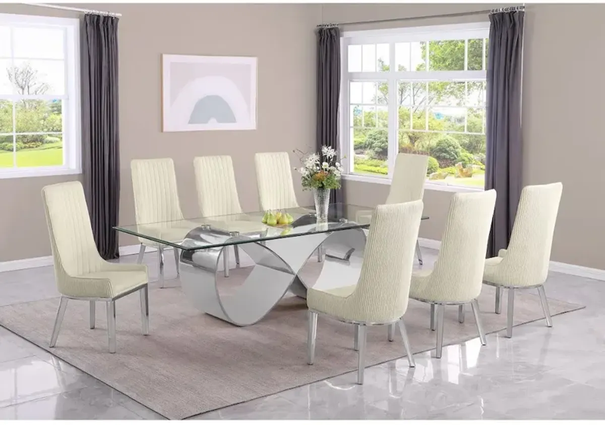 Best Quality Furniture 9Pc Tempered Glass Dining Set 8 Cream Boucle Side Chairs And Silver Base