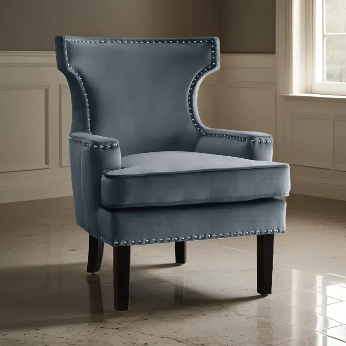 32 Inch Accent Armchair Wingback Design, Gray Velvet, Silver Nailhead Trim - Benzara