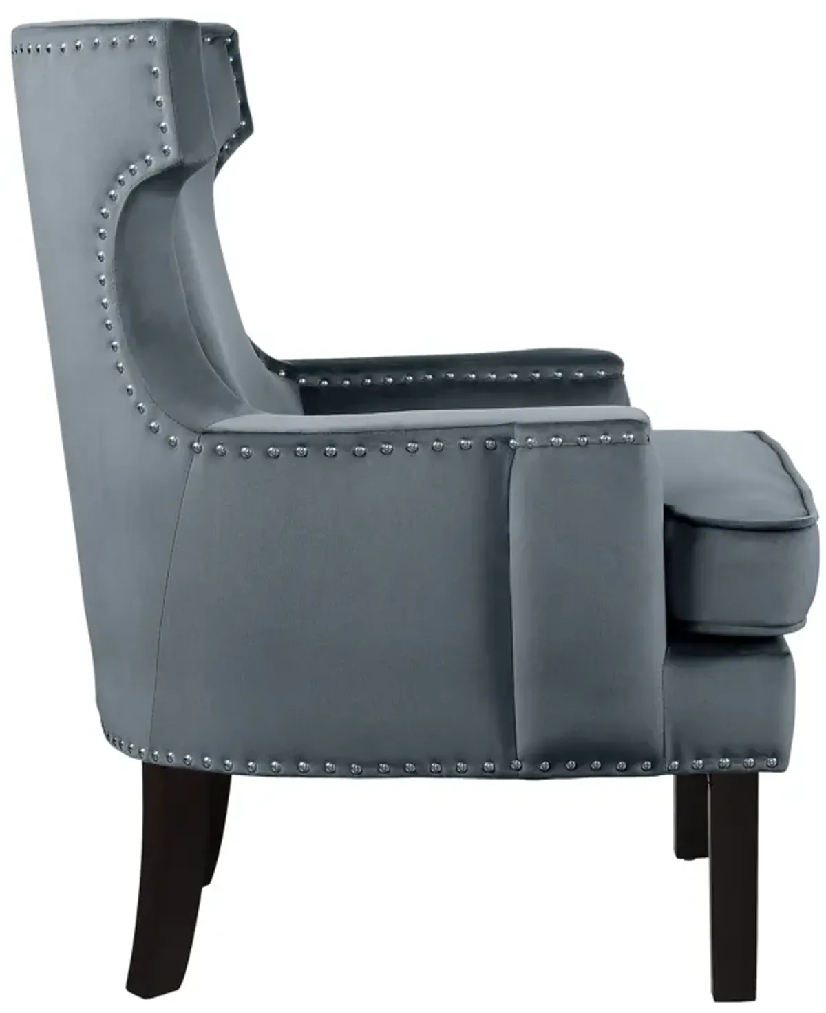 32 Inch Accent Armchair Wingback Design, Gray Velvet, Silver Nailhead Trim - Benzara