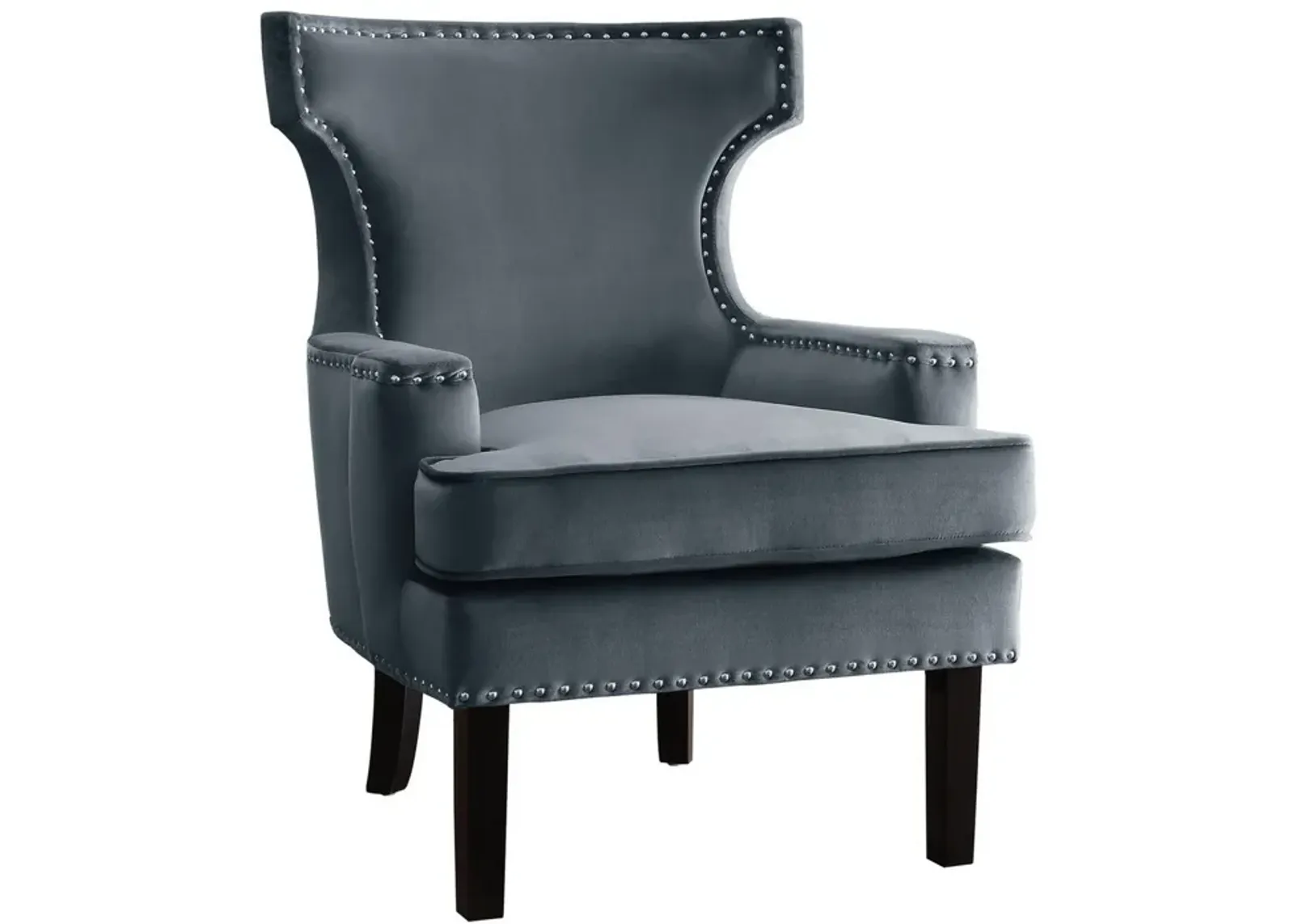 32 Inch Accent Armchair Wingback Design, Gray Velvet, Silver Nailhead Trim - Benzara