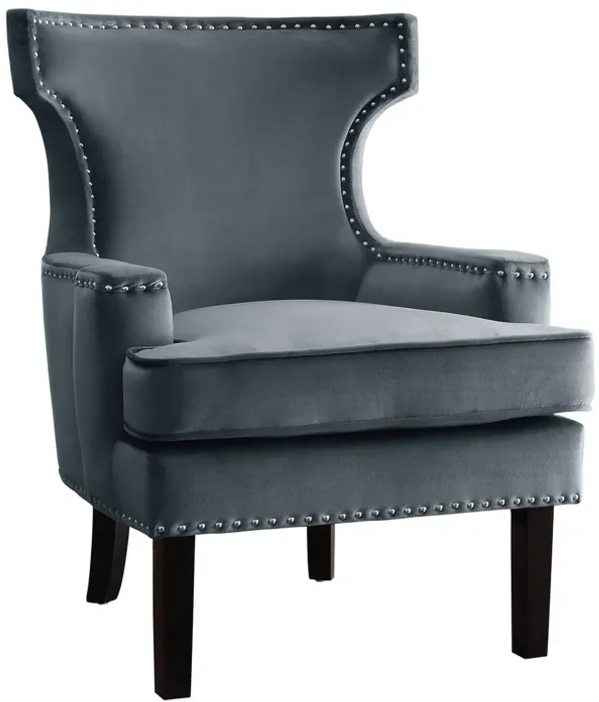 32 Inch Accent Armchair Wingback Design, Gray Velvet, Silver Nailhead Trim - Benzara