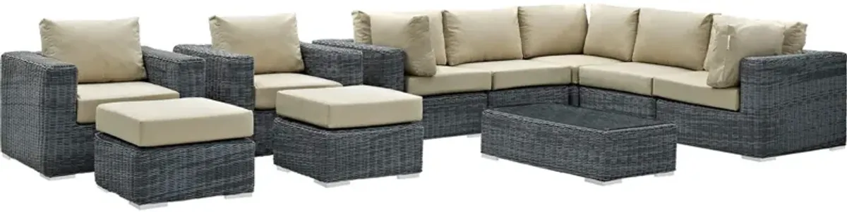 Summon Outdoor Patio Sectional Sofa Set - Ultimate Comfort & Quality | 10 Piece Sunbrella Sectional Set with Coffee Table | Two-Tone Synthetic Rattan Weave | All-Weather Cushions | UV Protection | Powder-Coated Aluminum Frame | Stylish & Modern Design