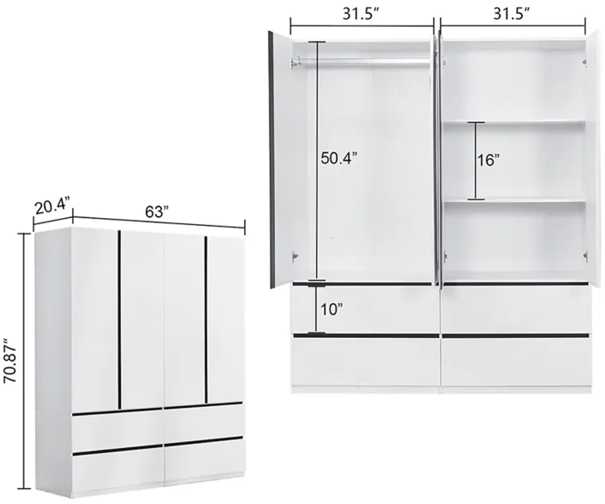 4-Doors 4 Drawers White Wardrobe Armoire Closet, Wood Minimalist Freestanding Storage Cabinet for Bedroom Bathroom with Hanging Rod Shelf, Wooden Clothes Shoes Organizer