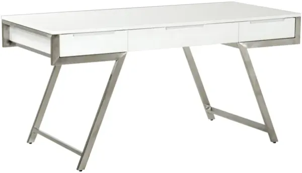 63 Inch Office Desk with a Drawer, White Gloss Finish, Chrome Metal Frame - Benzara
