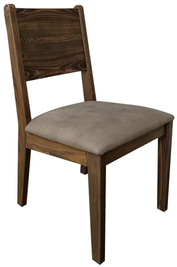 Loe Dining Side Chair Set of 2, Panel Backrest, Gray Faux Leather, Brown - Benzara