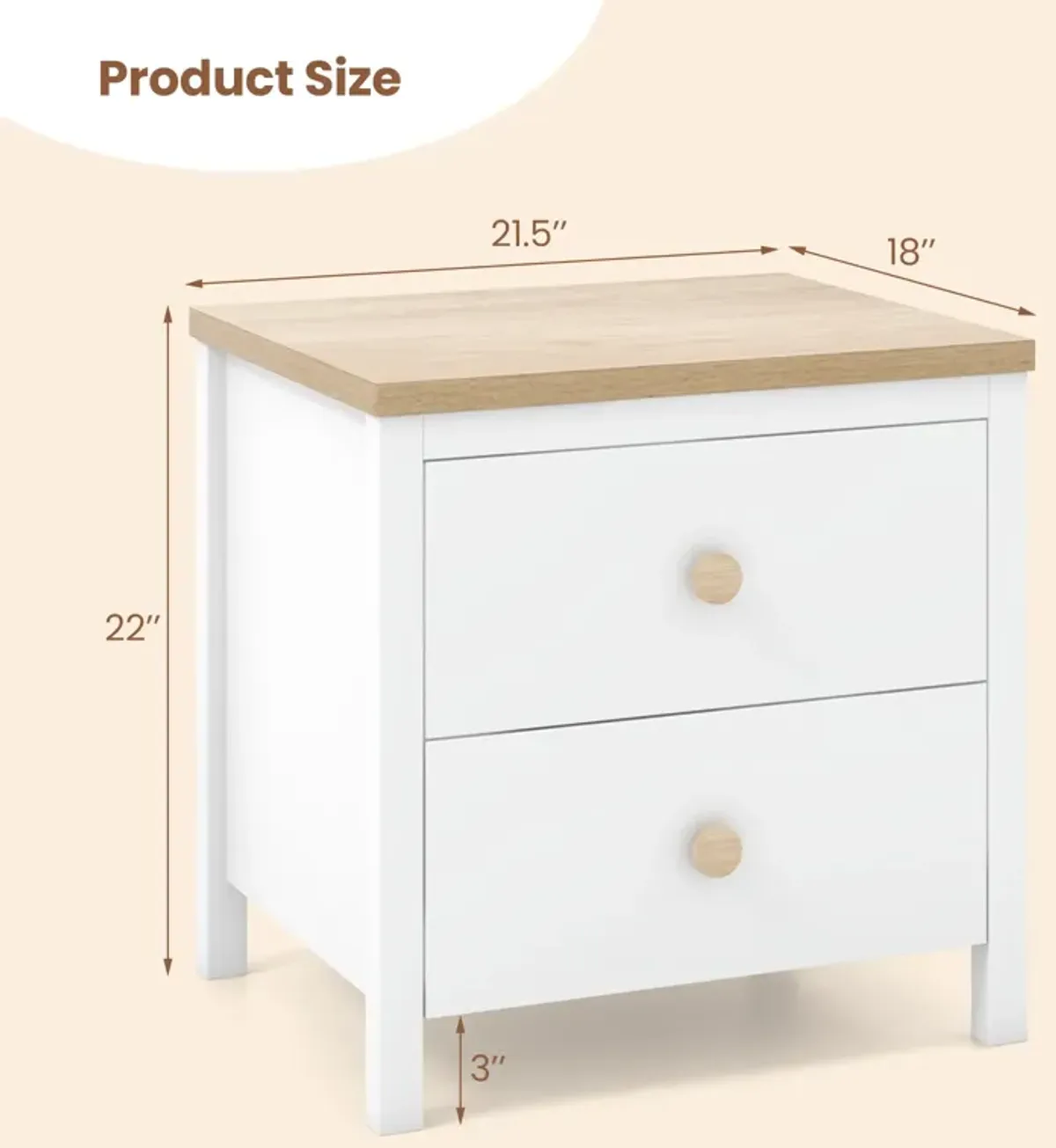 2-Drawer Nightstand with Rubber Wood Legs