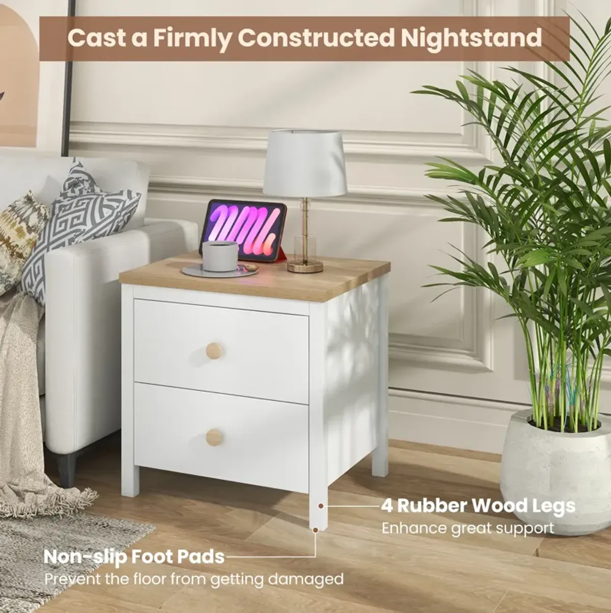 2-Drawer Nightstand with Rubber Wood Legs