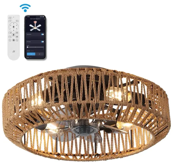 Rowan 4-Light Modern Bohemian 6-Speed Metal Rattan Mobile-App Remote-Controlled Lantern LED Ceiling Fan
