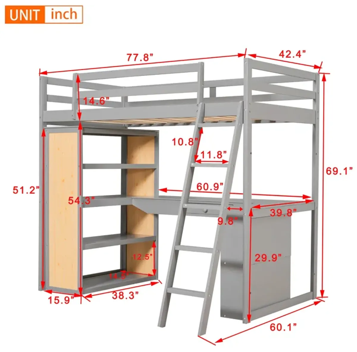 Merax Twin Size Loft Bed with Ladder, Shelves, and Desk