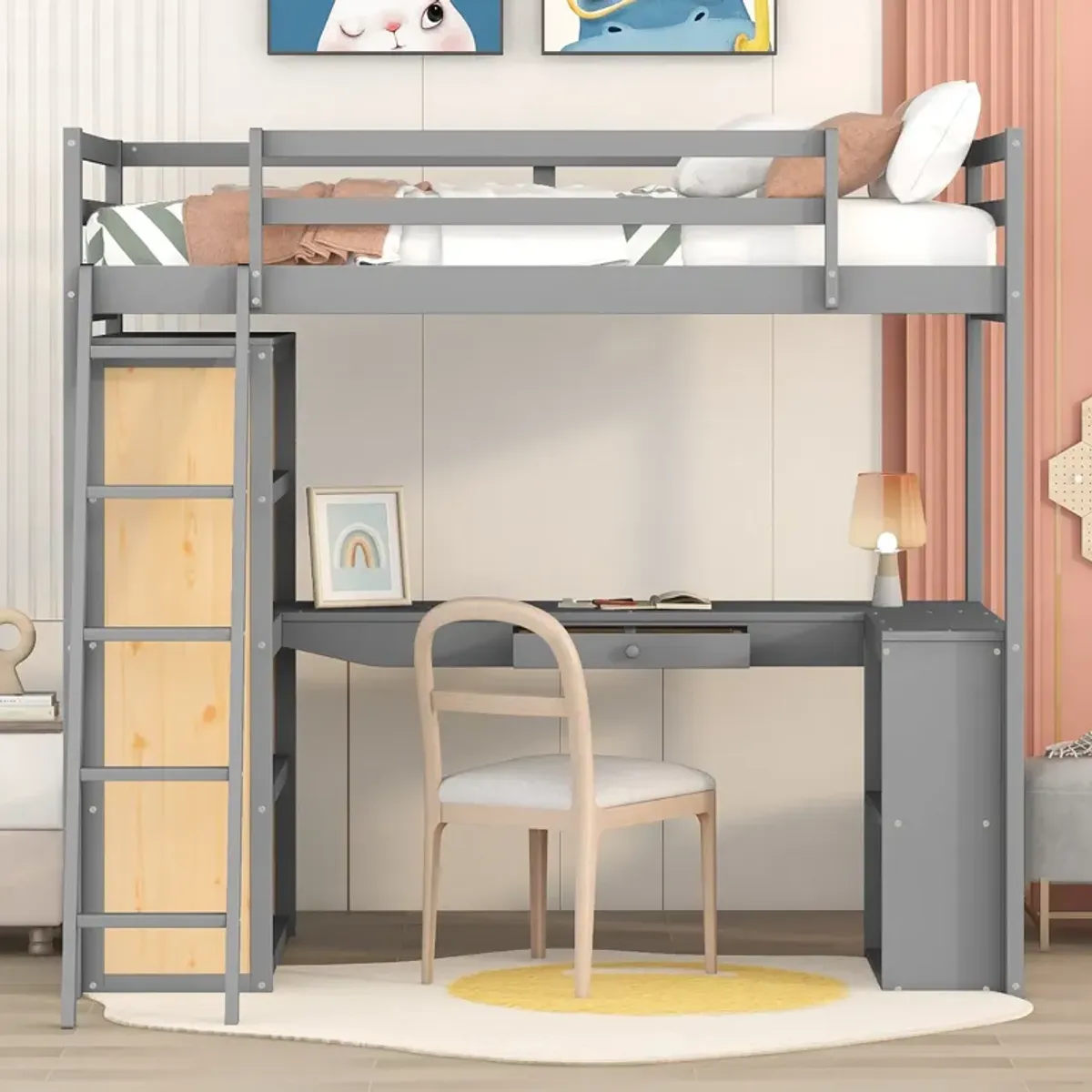 Merax Twin Size Loft Bed with Ladder, Shelves, and Desk