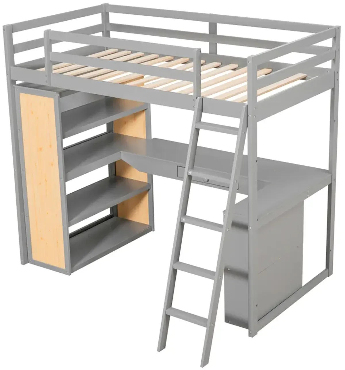 Merax Twin Size Loft Bed with Ladder, Shelves, and Desk