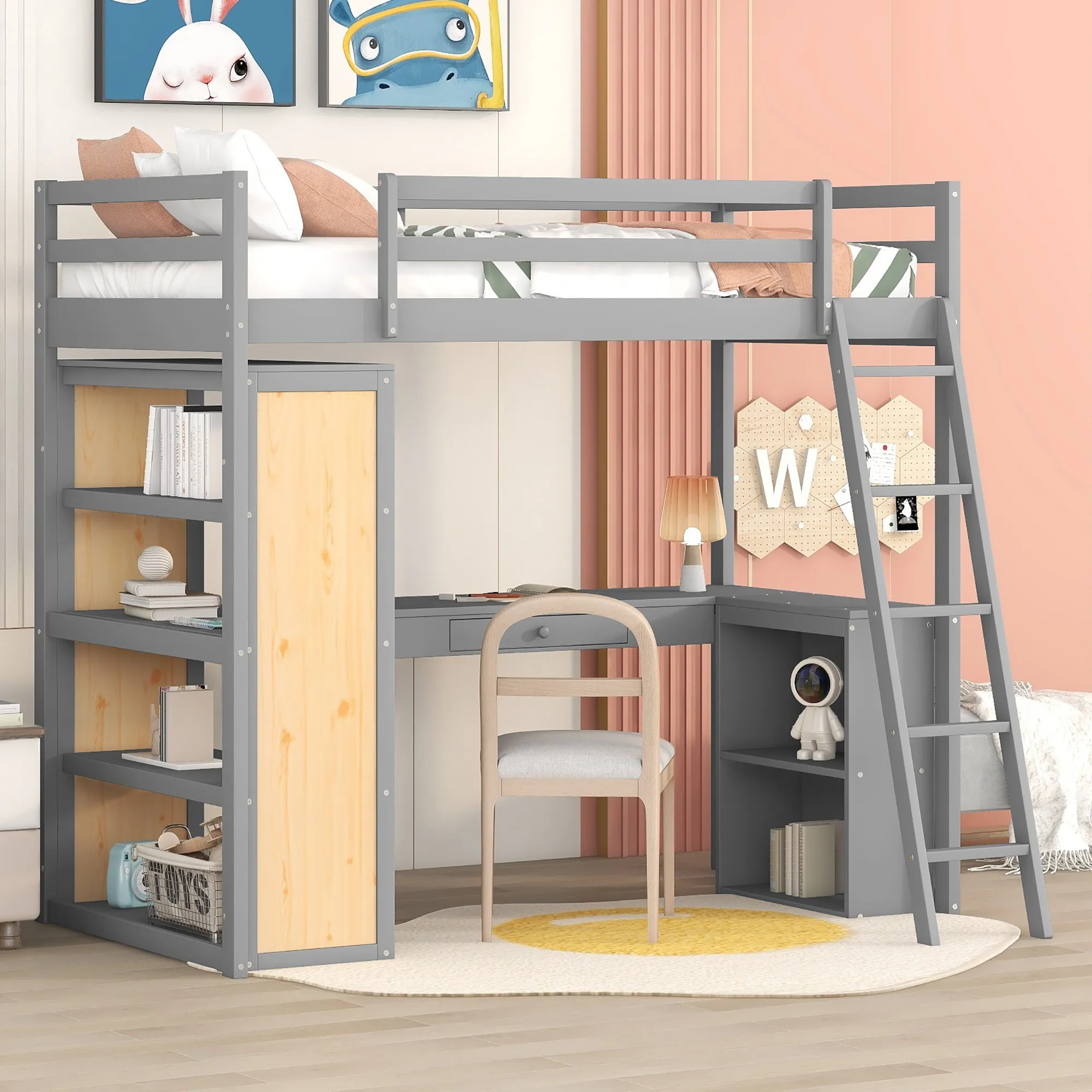 Merax Twin Size Loft Bed with Ladder, Shelves, and Desk