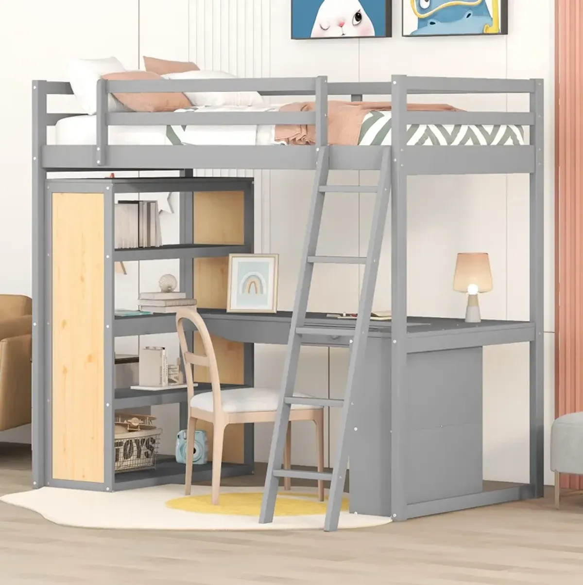 Merax Twin Size Loft Bed with Ladder, Shelves, and Desk