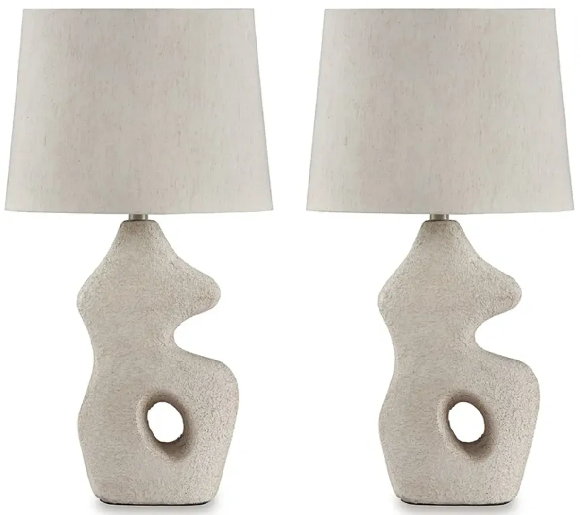 26 Inch Table Lamp Set of 2, Beige Sculptural Base, Empire Fabric Shade - Benzara