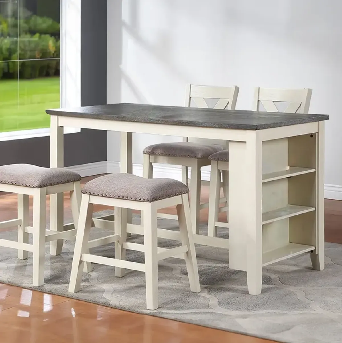 Joss 60 Inch Cottage Counter Height Table, 2 Tone Wood, Gray Top Cream Base-Benzara