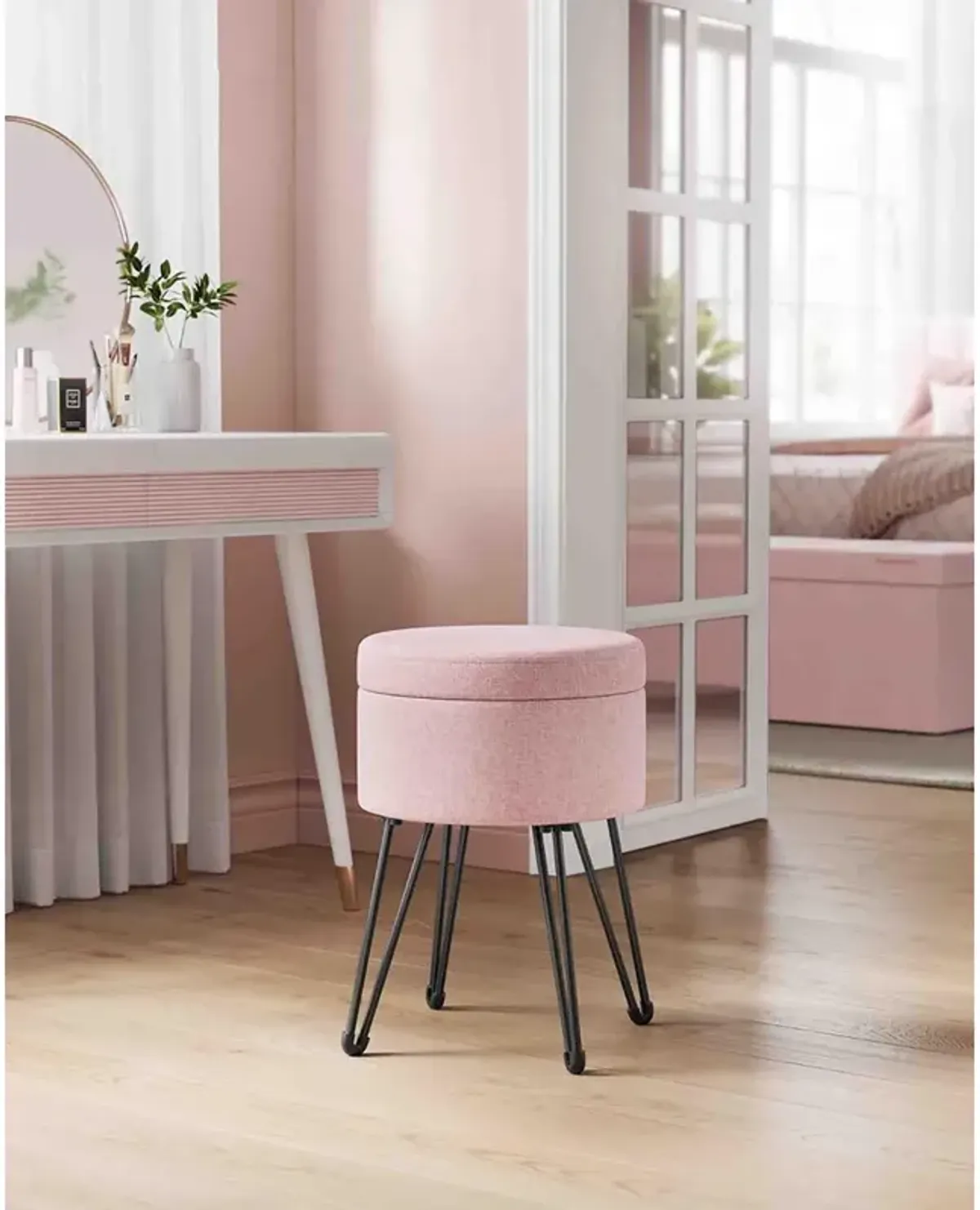 Compact Vanity Stool with Hidden Storage for Bedroom or Bathroom