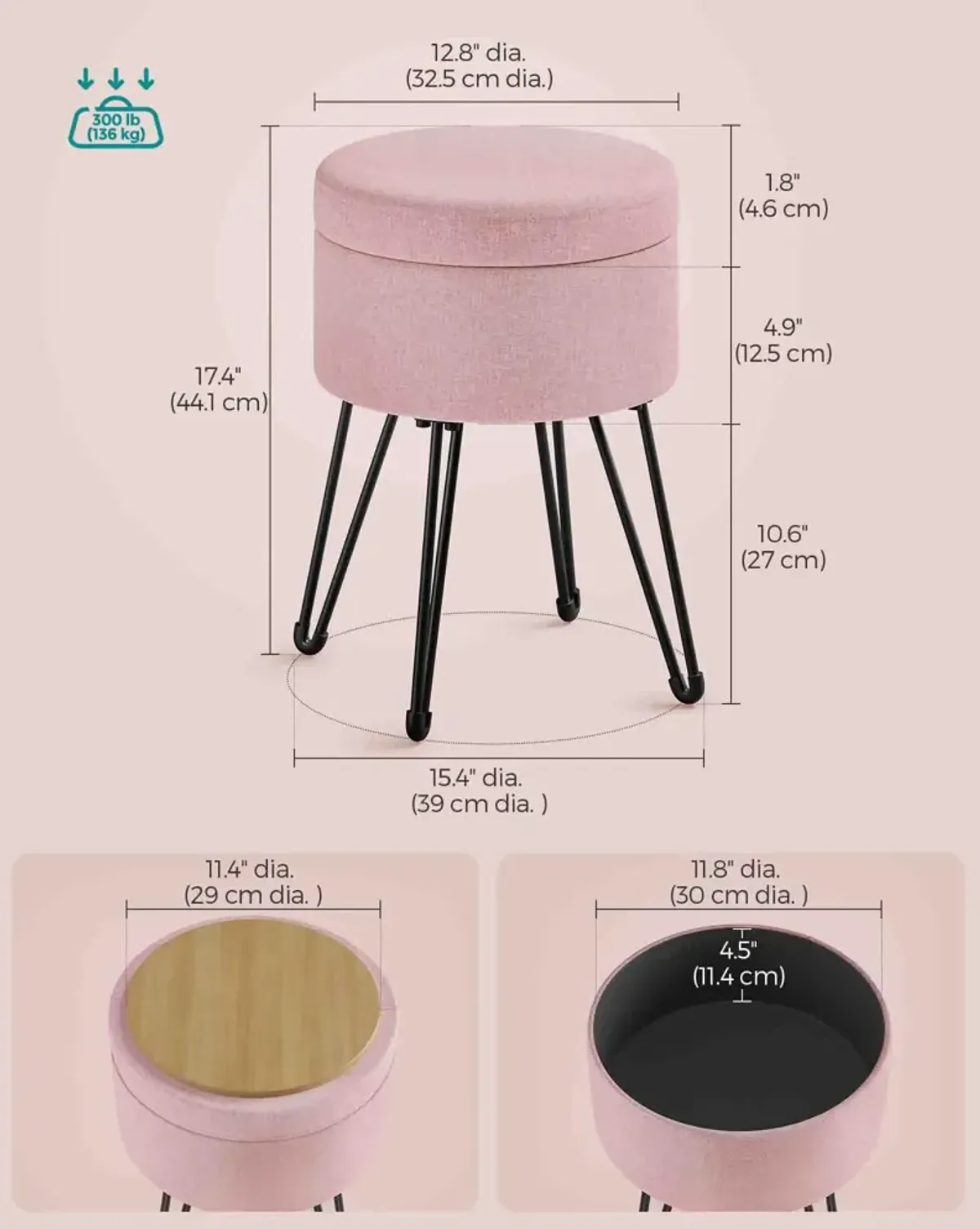 Compact Vanity Stool with Hidden Storage for Bedroom or Bathroom