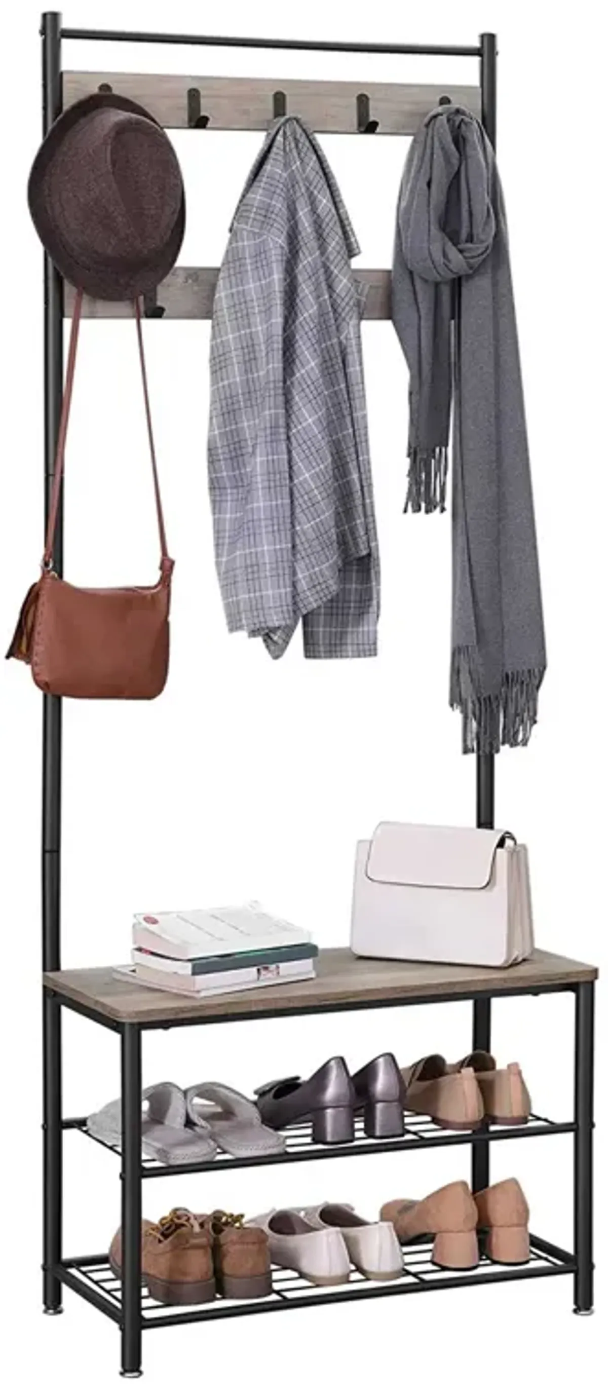 Coat Rack and Shoe Bench with Storage Shelf and Metal Frame