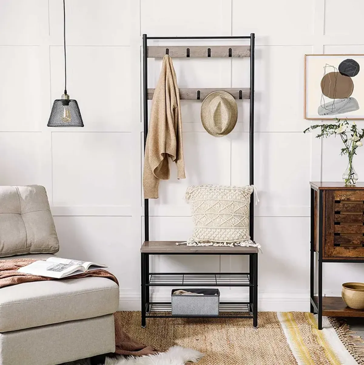 Coat Rack and Shoe Bench with Storage Shelf and Metal Frame