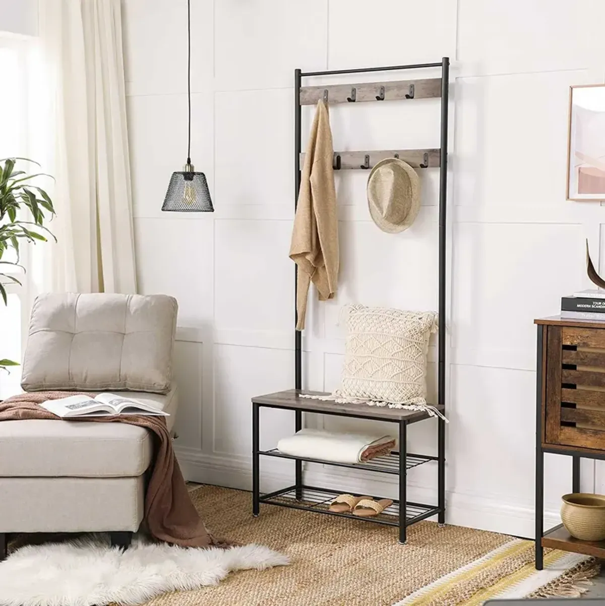 Coat Rack and Shoe Bench with Storage Shelf and Metal Frame