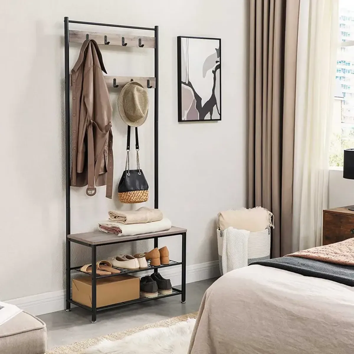 Coat Rack and Shoe Bench with Storage Shelf and Metal Frame