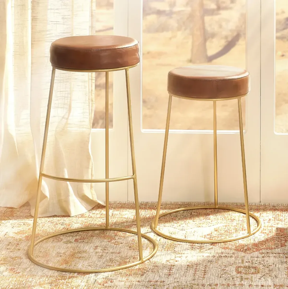 Henry Round Brown Leather Bar Stool