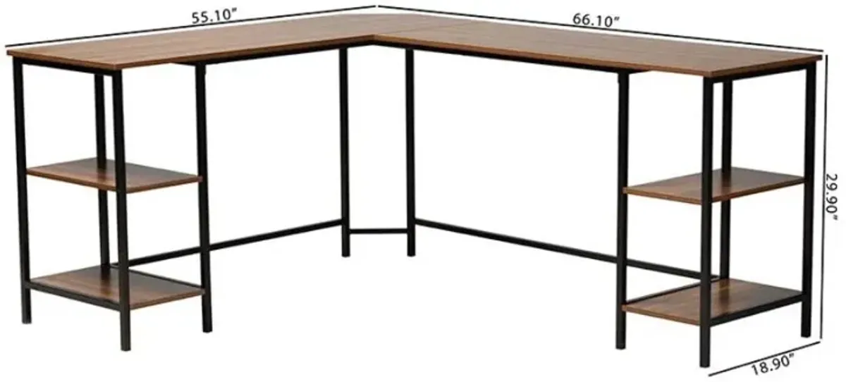 Walnut Brown Finished Wood and Black Metal L-Shaped Corner Desk with Shelves