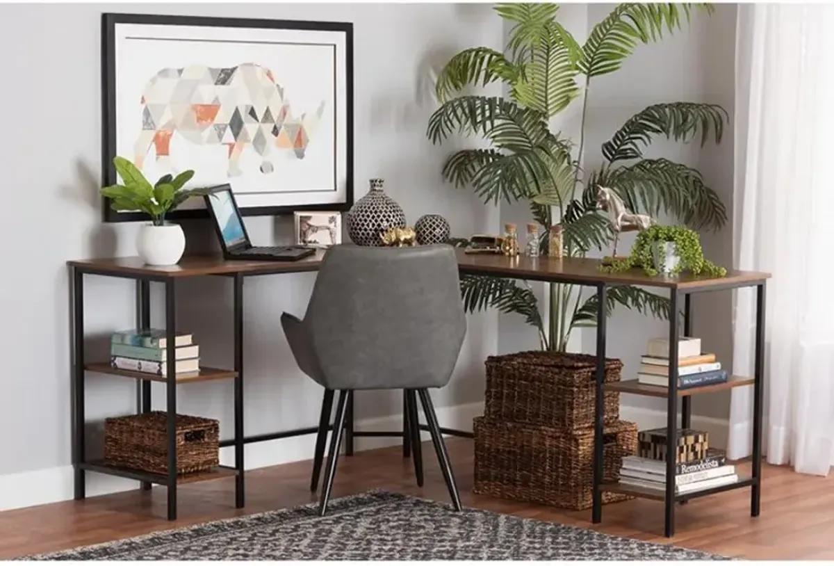 Walnut Brown Finished Wood and Black Metal L-Shaped Corner Desk with Shelves