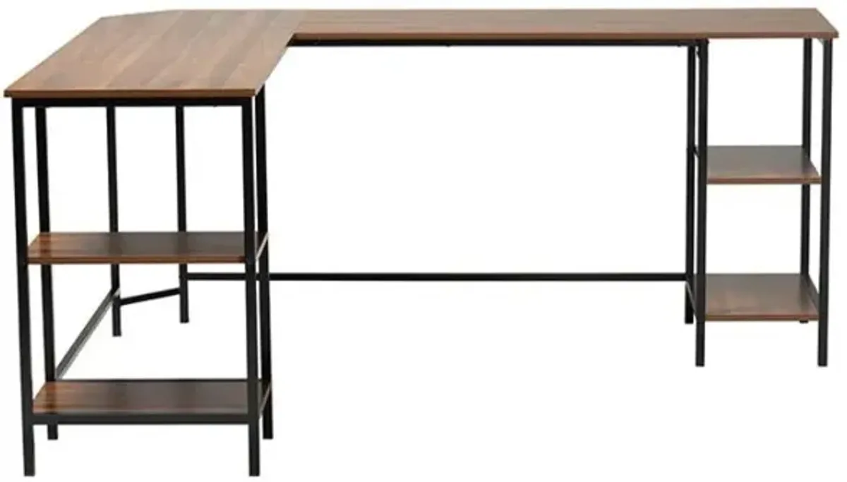 Walnut Brown Finished Wood and Black Metal L-Shaped Corner Desk with Shelves