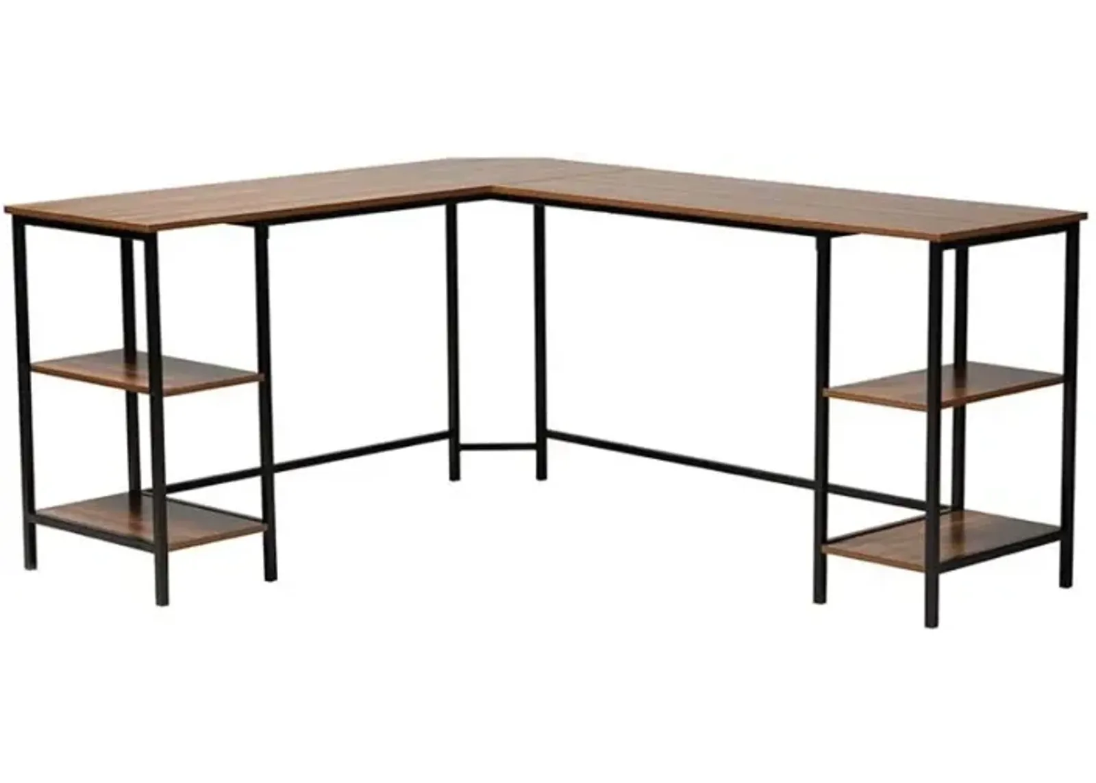 Walnut Brown Finished Wood and Black Metal L-Shaped Corner Desk with Shelves