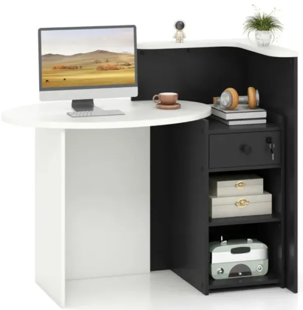 Front Reception Office Desk with Open Shelf and Storage Drawer for Organized Workspace