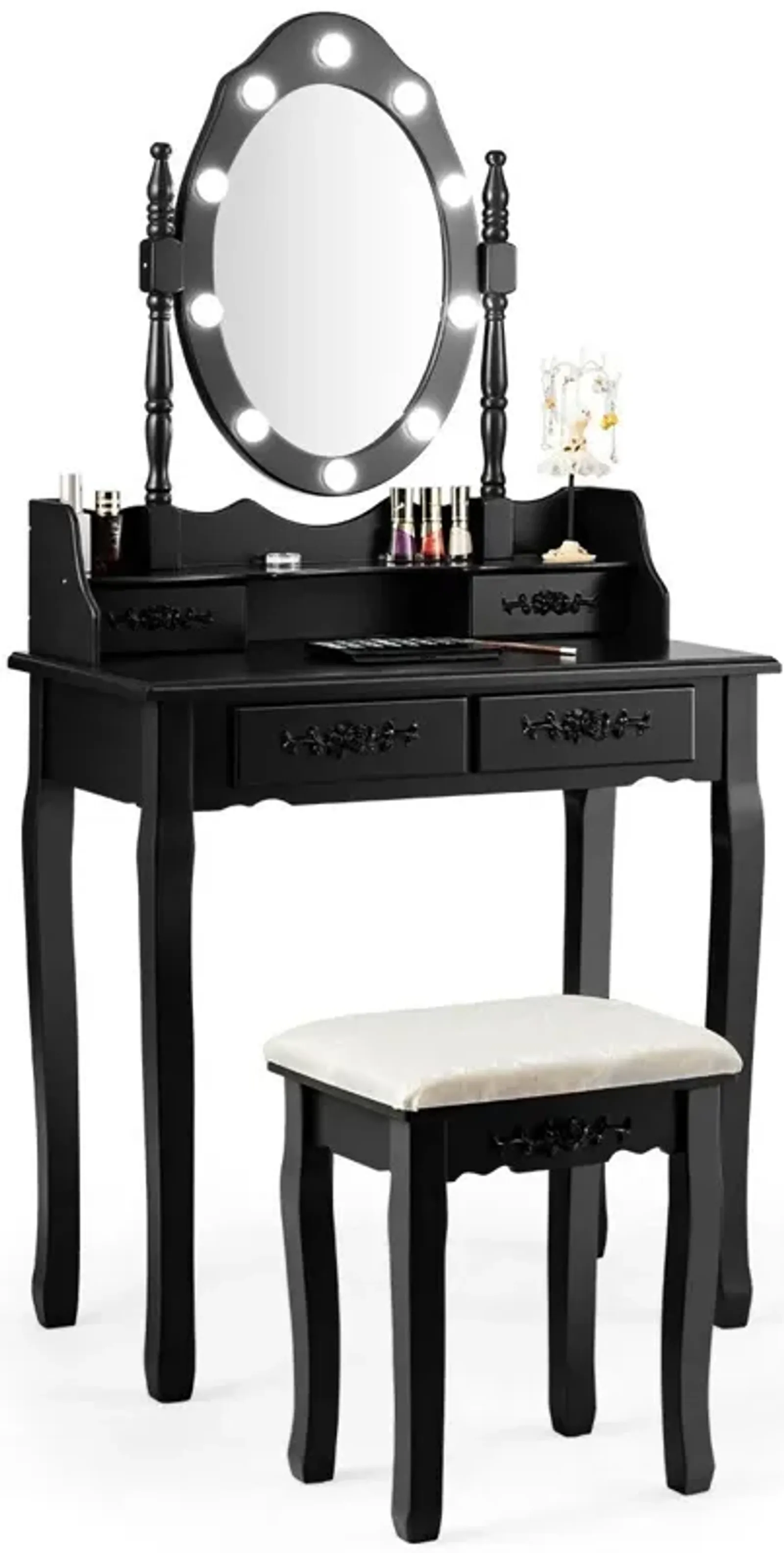 Makeup Vanity Dressing Table Set with Dimmable Bulbs Cushioned Stool-Black