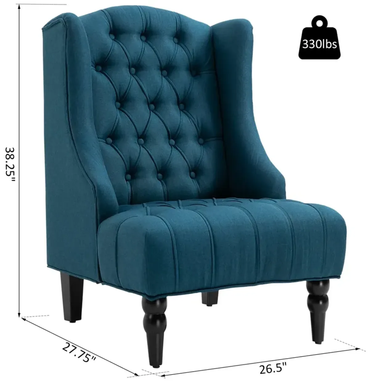 Dark Blue Wingback Beauty: Tufted Linen Accent Chair with Wooden Legs