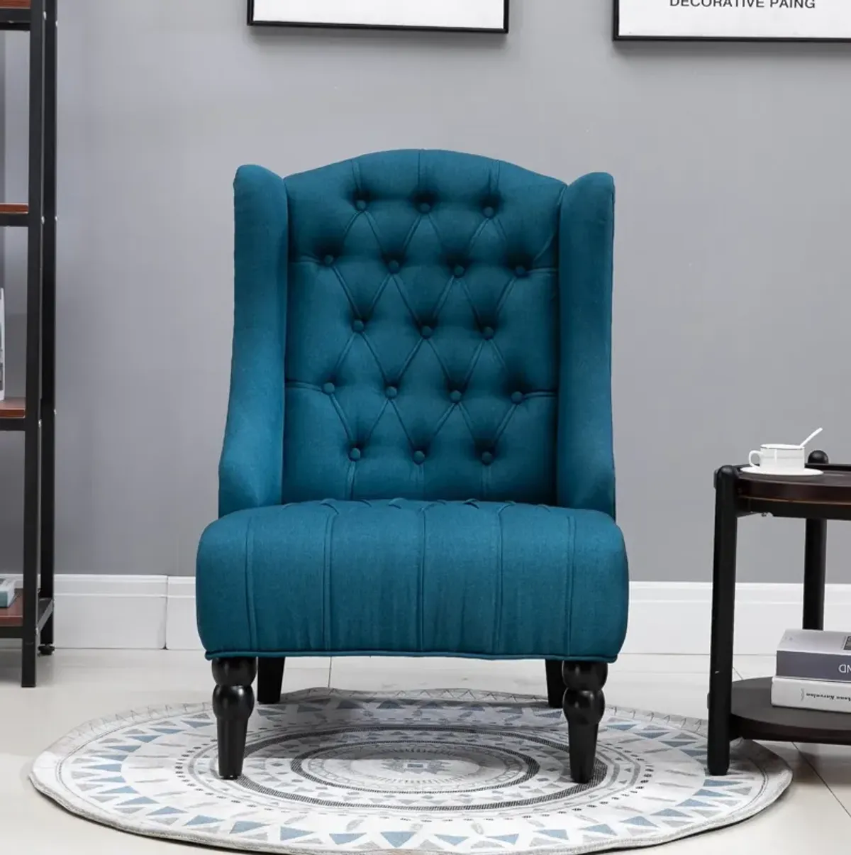 Dark Blue Wingback Beauty: Tufted Linen Accent Chair with Wooden Legs