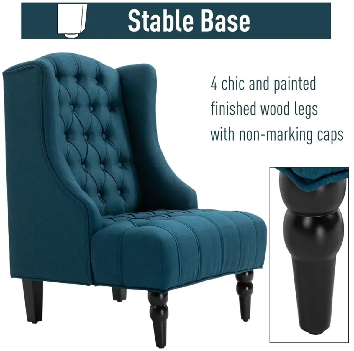 Dark Blue Wingback Beauty: Tufted Linen Accent Chair with Wooden Legs