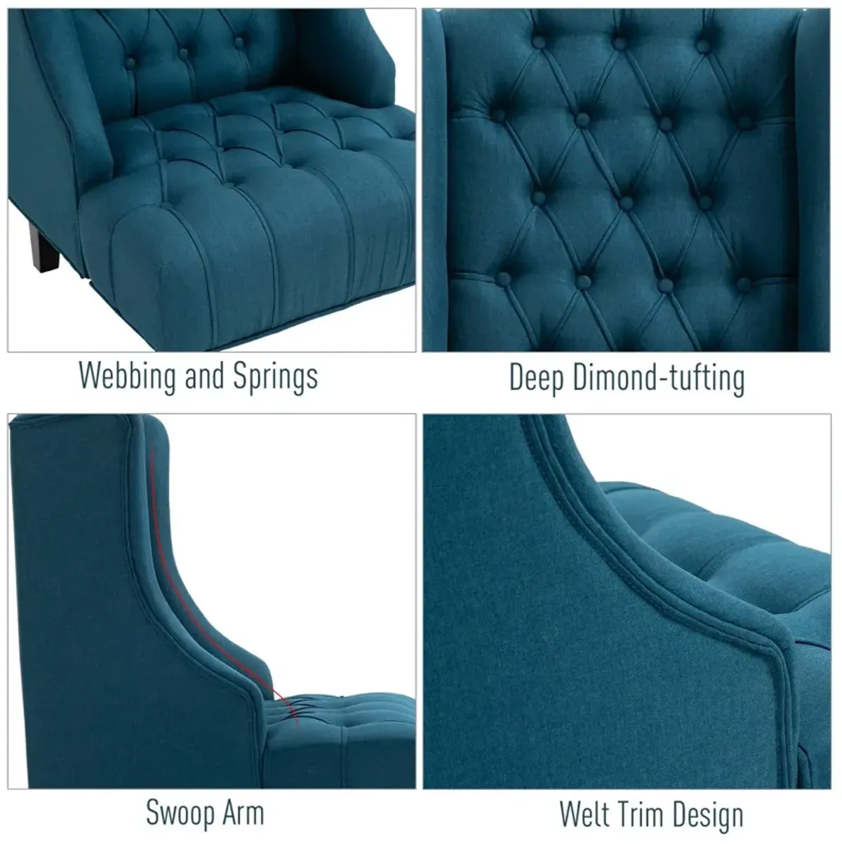 Dark Blue Wingback Beauty: Tufted Linen Accent Chair with Wooden Legs