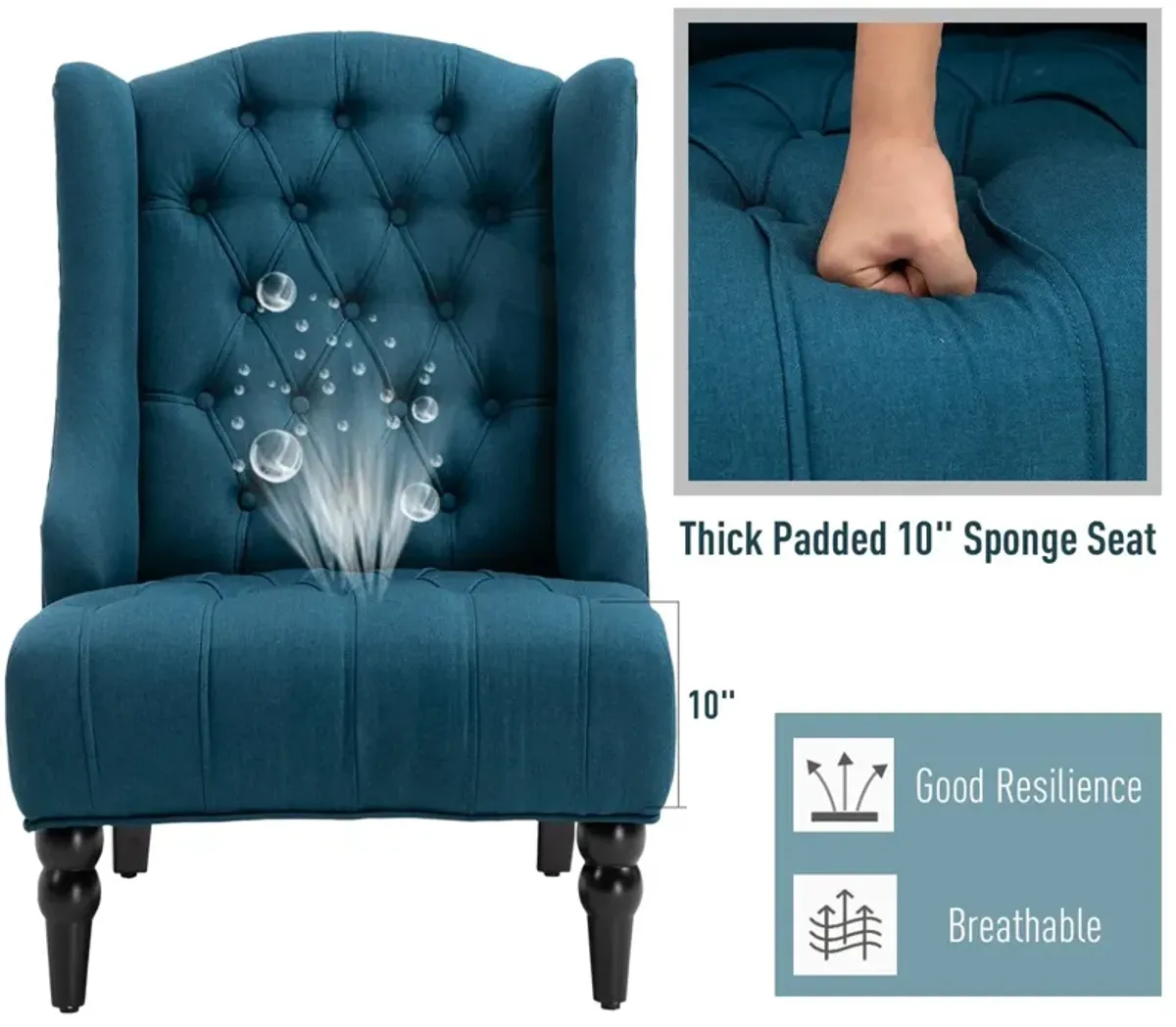 Dark Blue Wingback Beauty: Tufted Linen Accent Chair with Wooden Legs