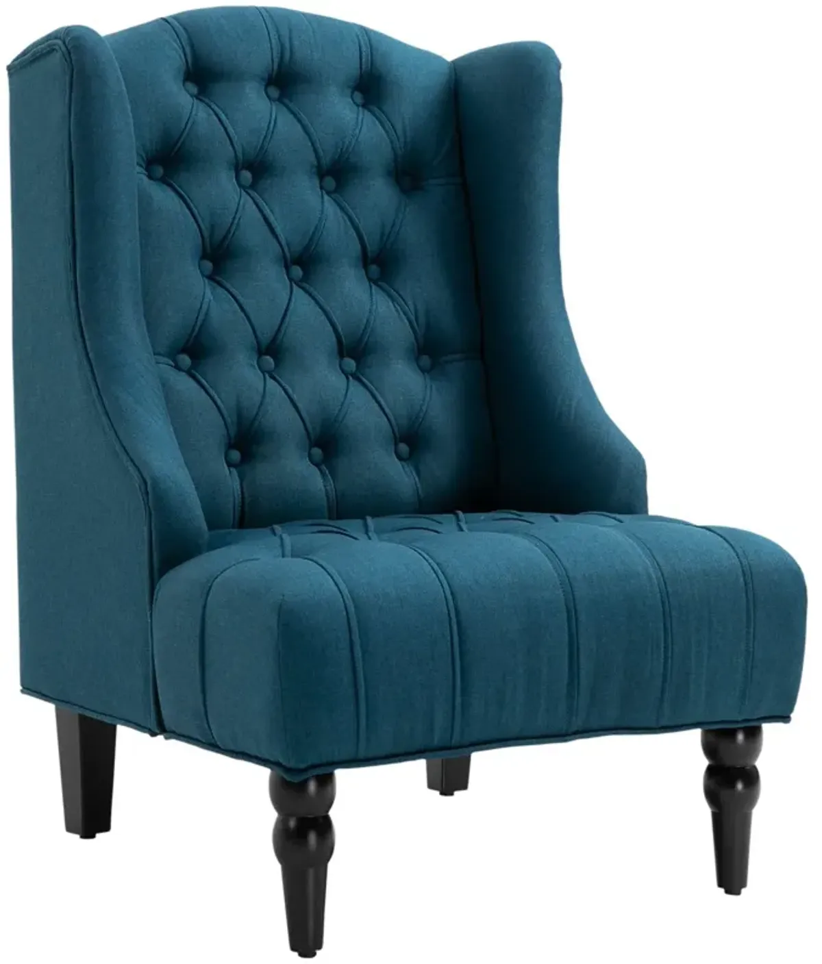 Dark Blue Wingback Beauty: Tufted Linen Accent Chair with Wooden Legs