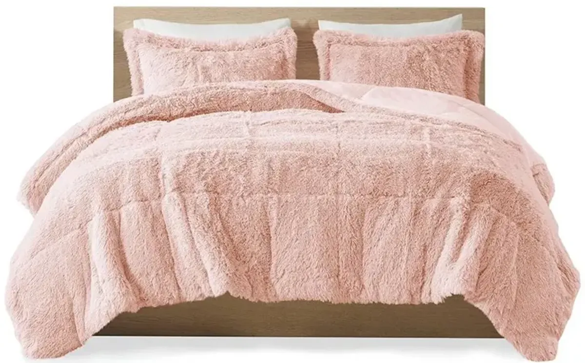 Full/Queen Pink Blush Soft Sherpa Faux Fur 3 Piece Comforter Set