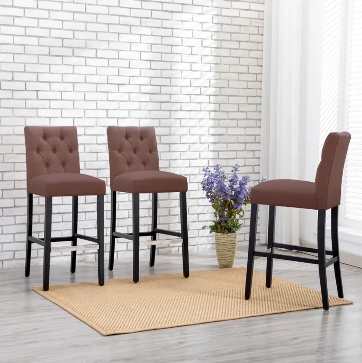 WestinTrends 29" Linen Fabric Tufted Upholstered Bar Stool (Set of 3), Black