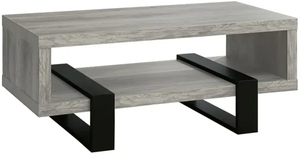 Modern Driftwood Open Shelf Coffee Table, Gray and Black - Benzara